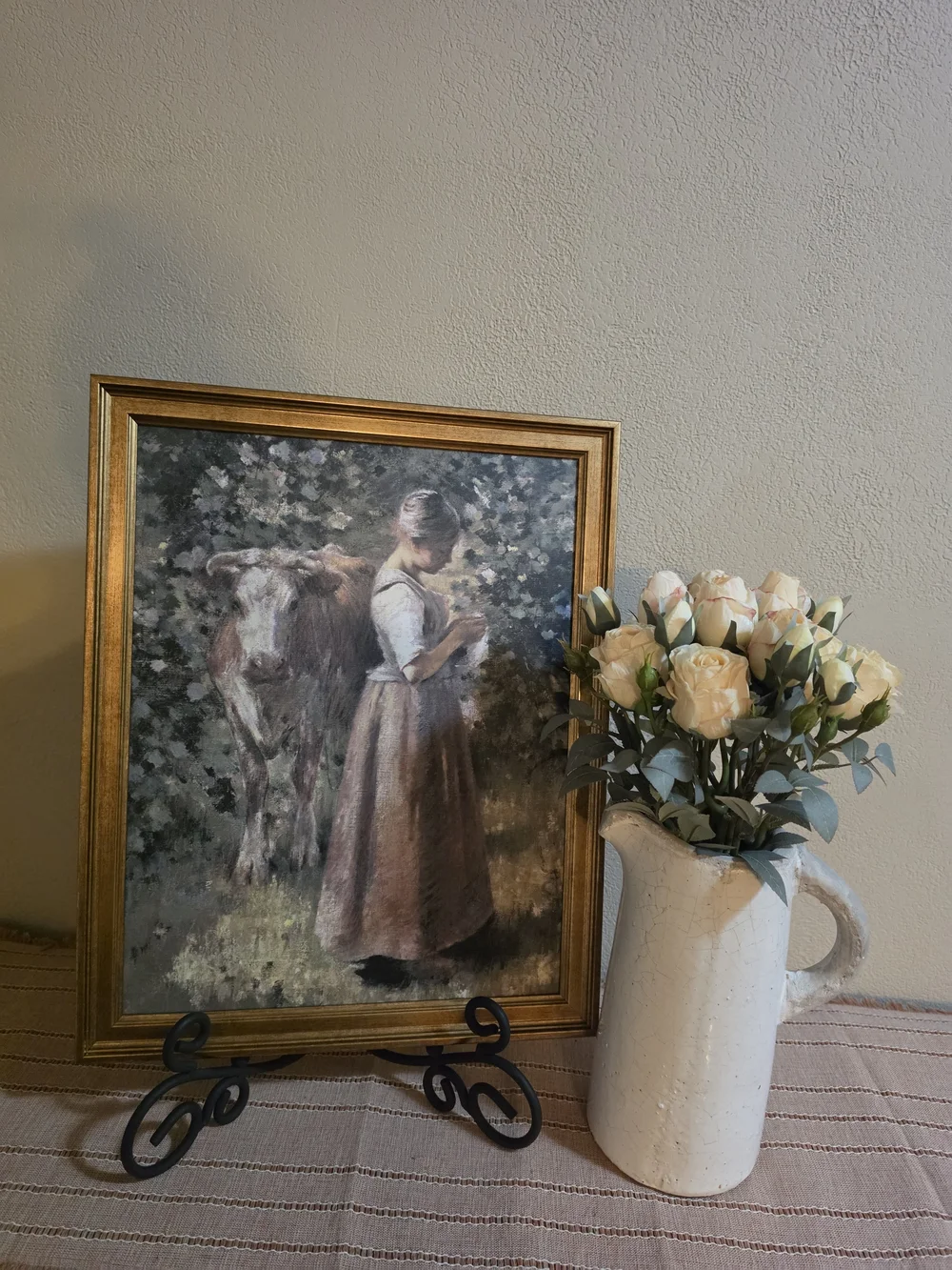 Hobby Lobby Gold Framed Pastoral Print with Cream Floral Pitcher